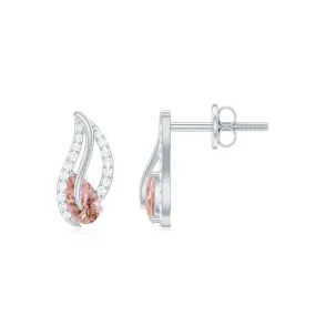 Pear Cut Morganite Leaf Stud Earrings with Diamond