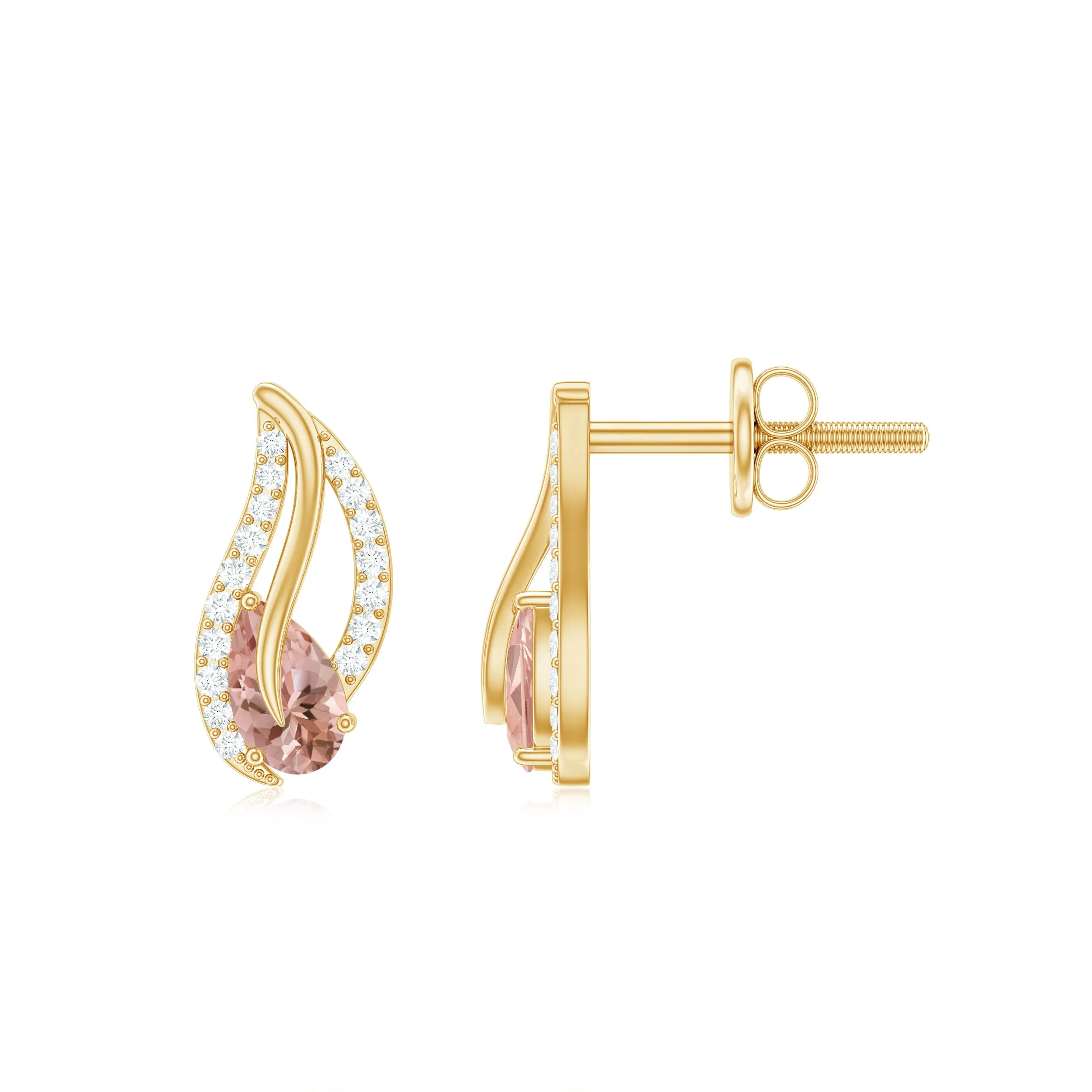 Pear Cut Morganite Leaf Stud Earrings with Diamond