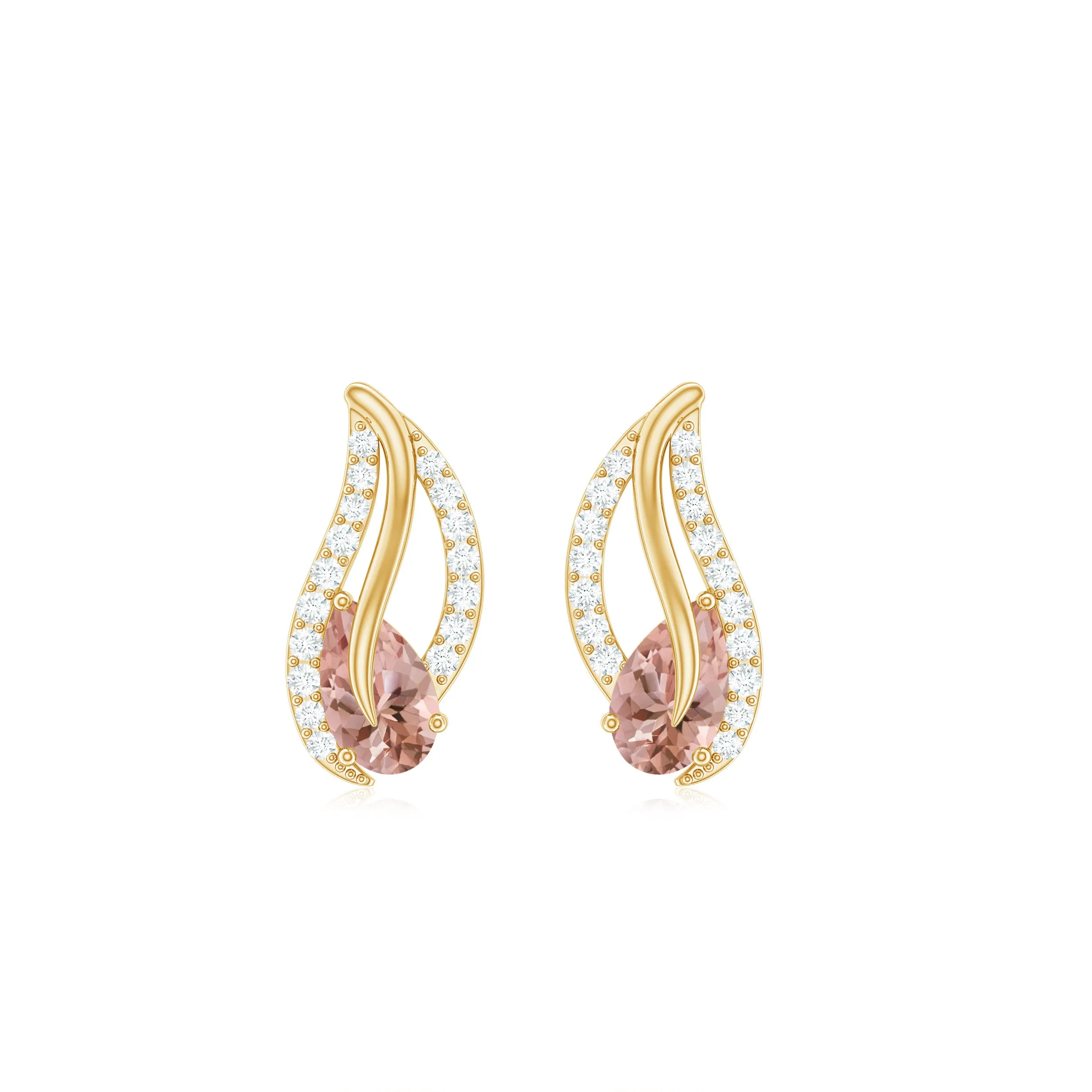 Pear Cut Morganite Leaf Stud Earrings with Diamond
