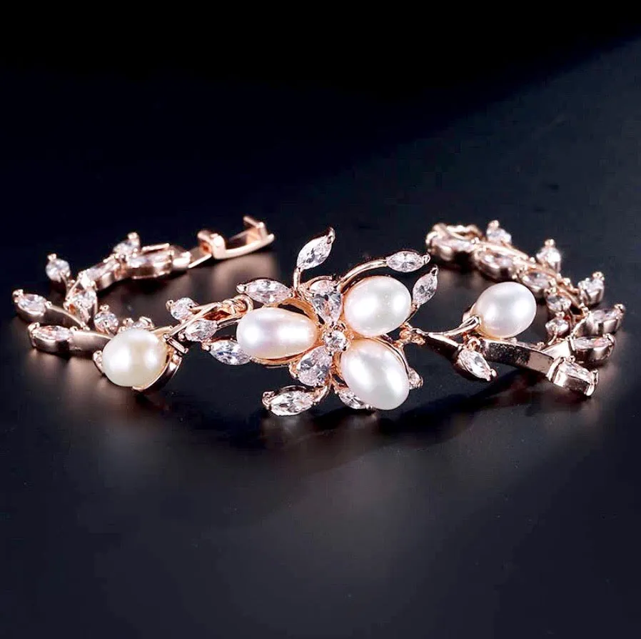 "Anna" - Freshwater Pearl and Cubic Zirconia Bridal Bracelet - Available in Silver, Rose Gold and Yellow Gold