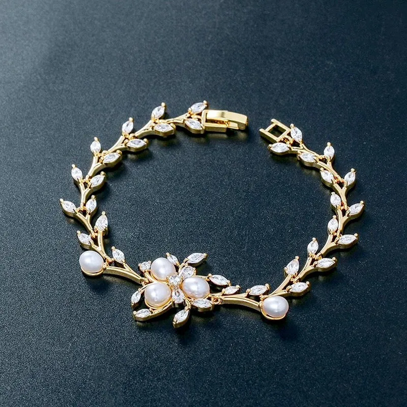 "Anna" - Freshwater Pearl and Cubic Zirconia Bridal Bracelet - Available in Silver, Rose Gold and Yellow Gold