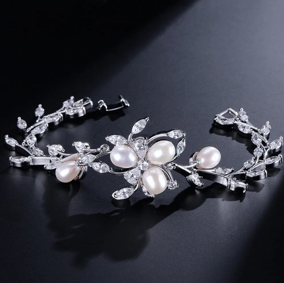 "Anna" - Freshwater Pearl and Cubic Zirconia Bridal Bracelet - Available in Silver, Rose Gold and Yellow Gold