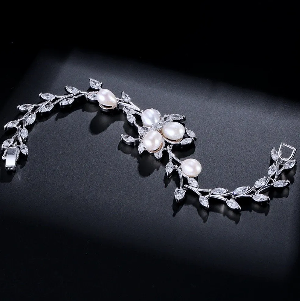 "Anna" - Freshwater Pearl and Cubic Zirconia Bridal Bracelet - Available in Silver, Rose Gold and Yellow Gold
