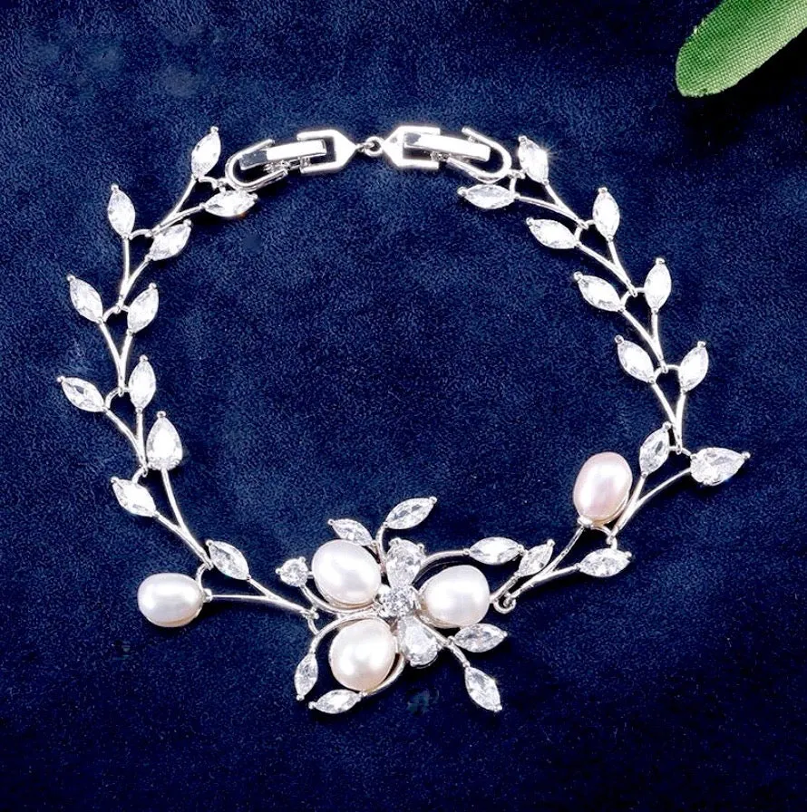 "Anna" - Freshwater Pearl and Cubic Zirconia Bridal Bracelet - Available in Silver, Rose Gold and Yellow Gold