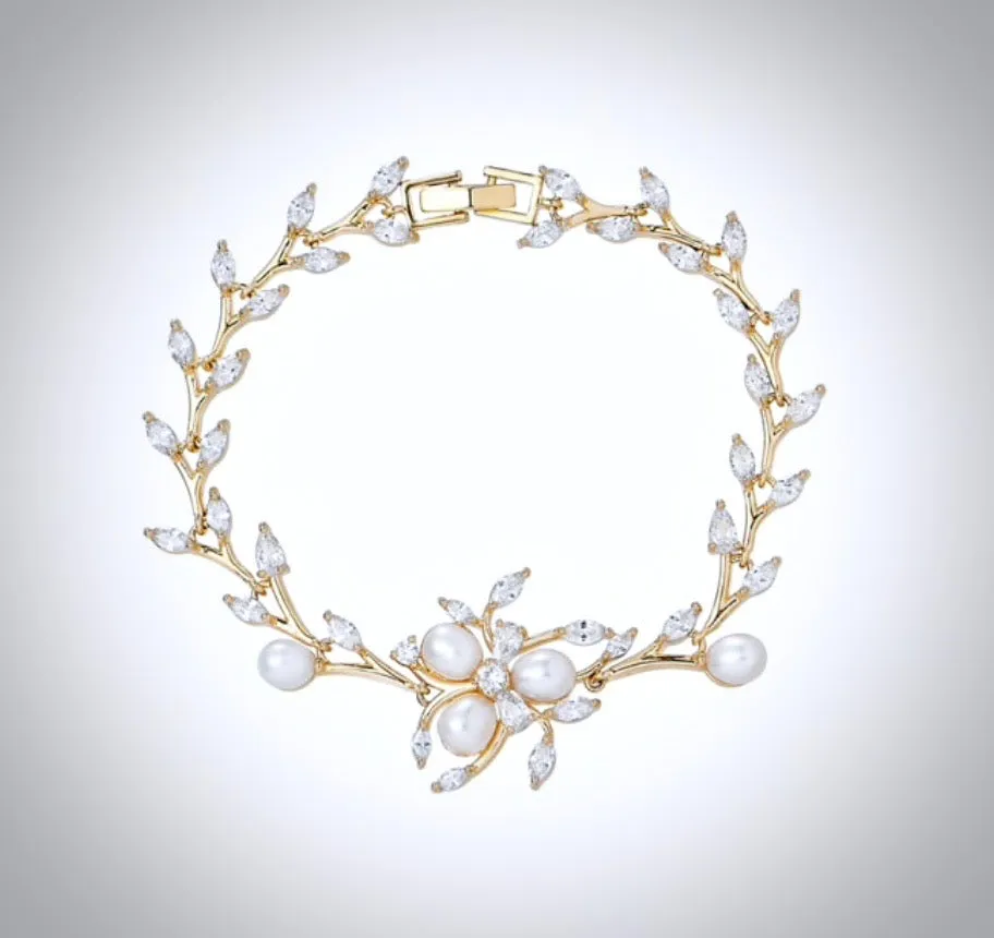 "Anna" - Freshwater Pearl and Cubic Zirconia Bridal Bracelet - Available in Silver, Rose Gold and Yellow Gold