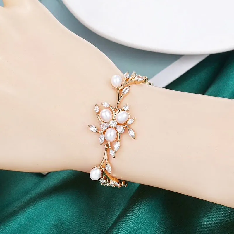 "Anna" - Freshwater Pearl and Cubic Zirconia Bridal Bracelet - Available in Silver, Rose Gold and Yellow Gold