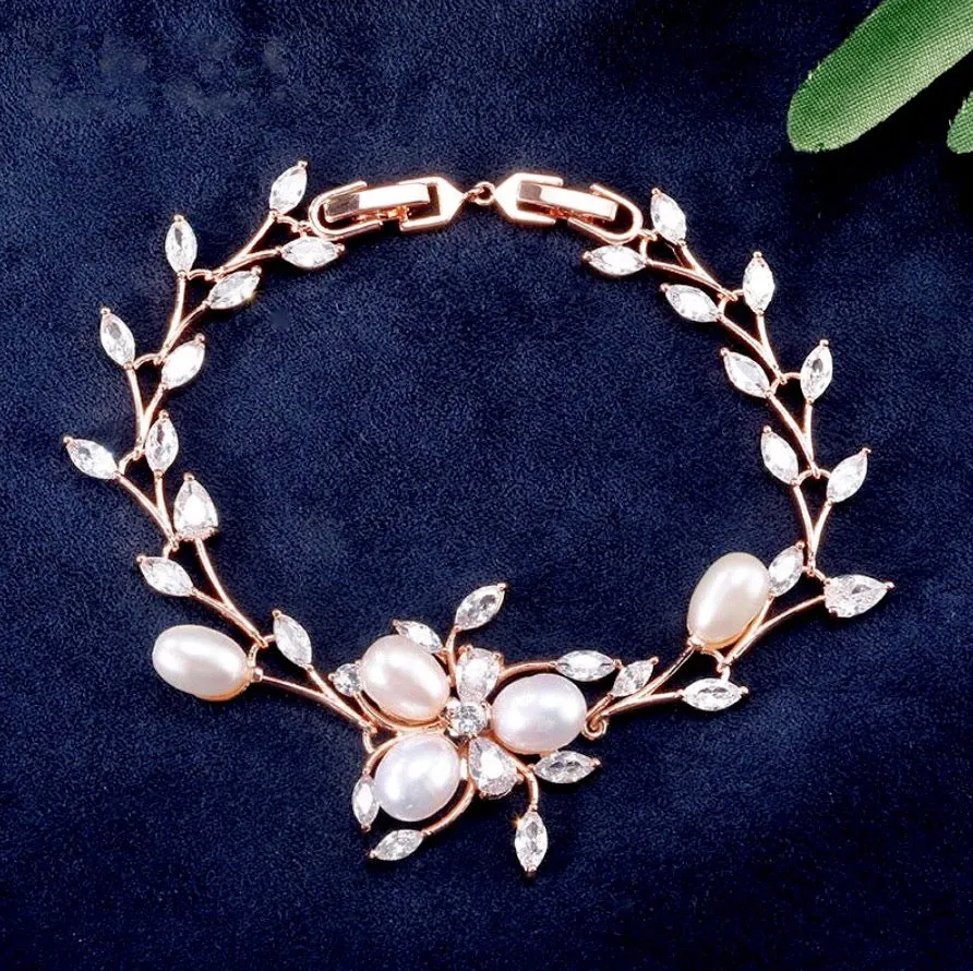 "Anna" - Freshwater Pearl and Cubic Zirconia Bridal Bracelet - Available in Silver, Rose Gold and Yellow Gold