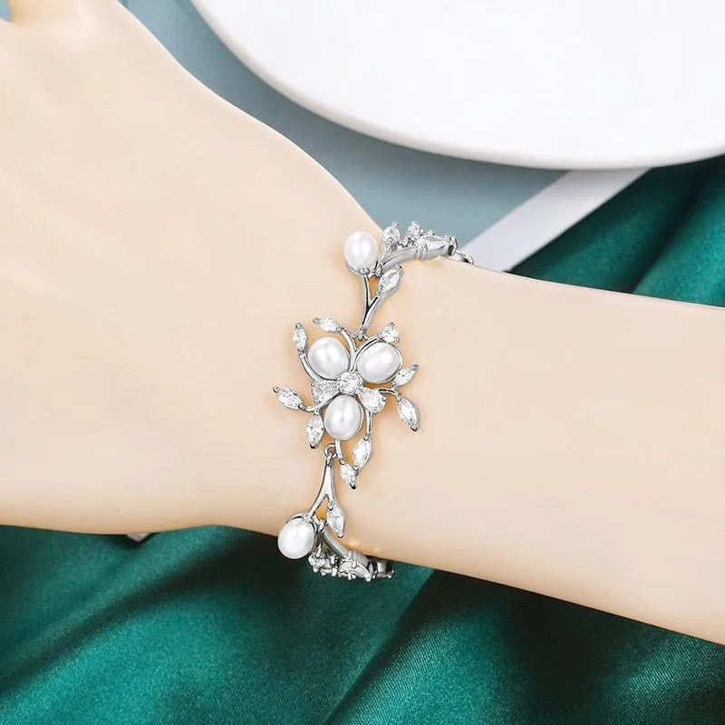 "Anna" - Freshwater Pearl and Cubic Zirconia Bridal Bracelet - Available in Silver, Rose Gold and Yellow Gold