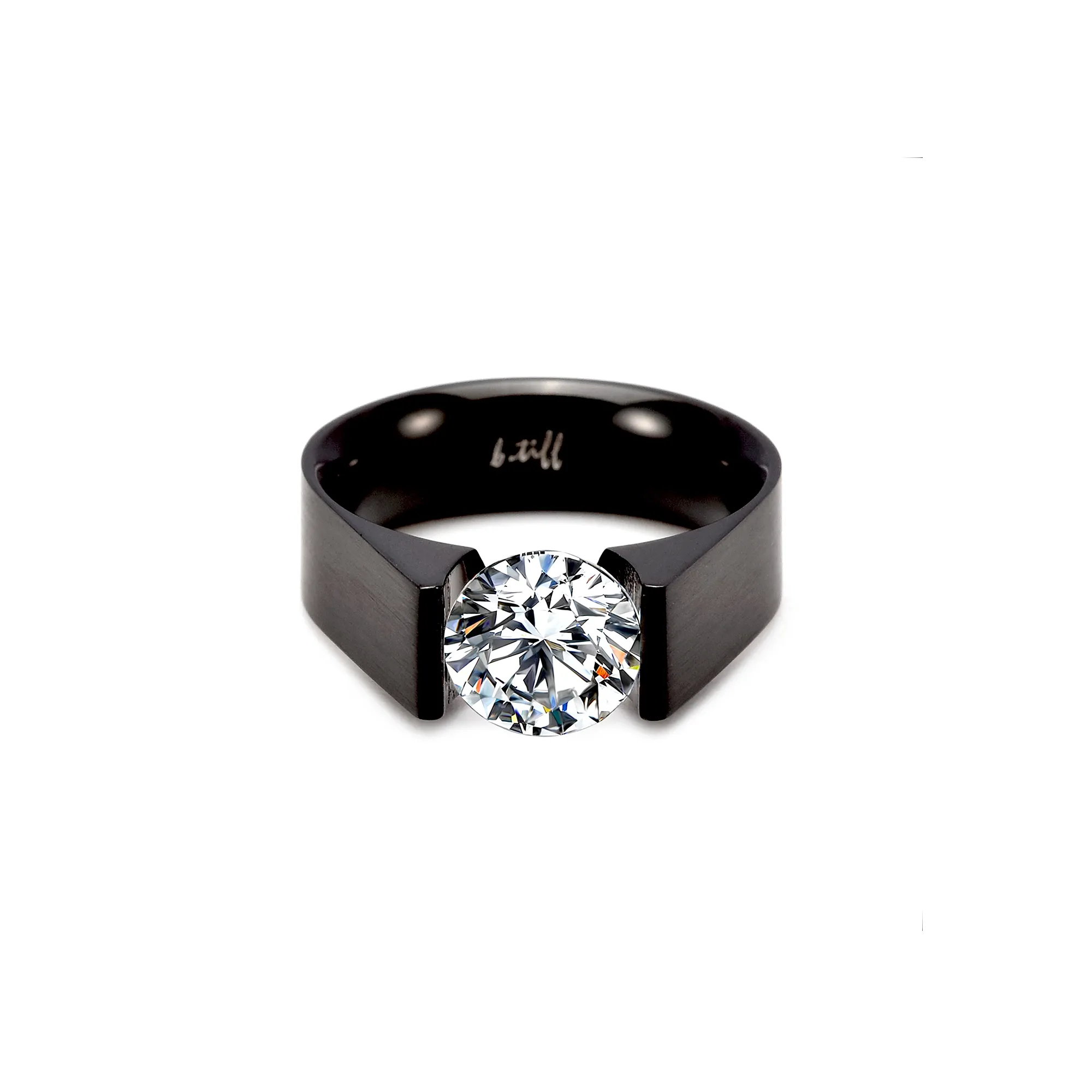 RG093B B.Tiff 2 ct Round Black Anodized Stainless Steel Solitaire Engagement Ring