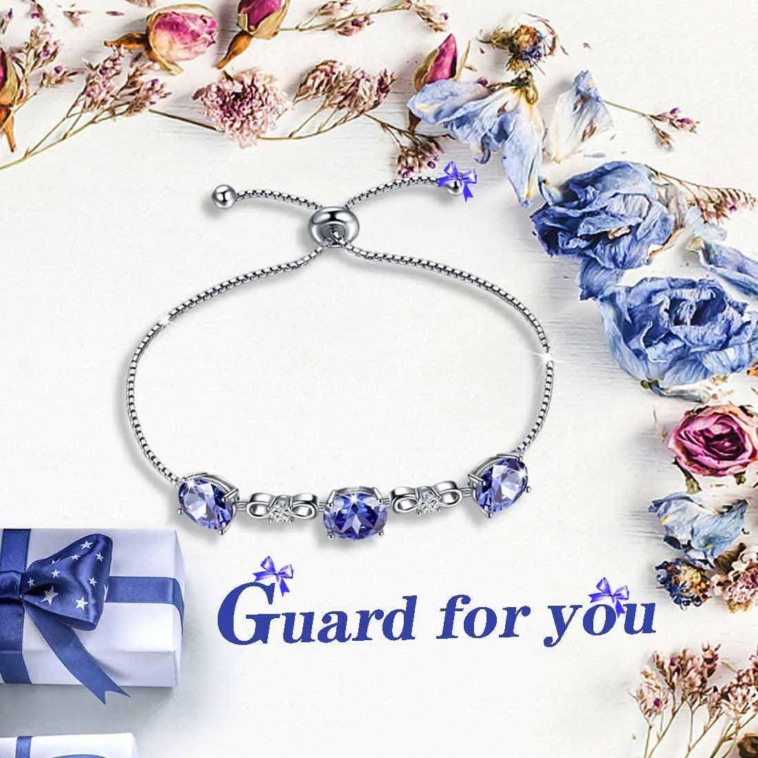 Round Birthstone December Tanzanite Bracelet Women Girls Jewelry Birthday Gift Sterling Silver