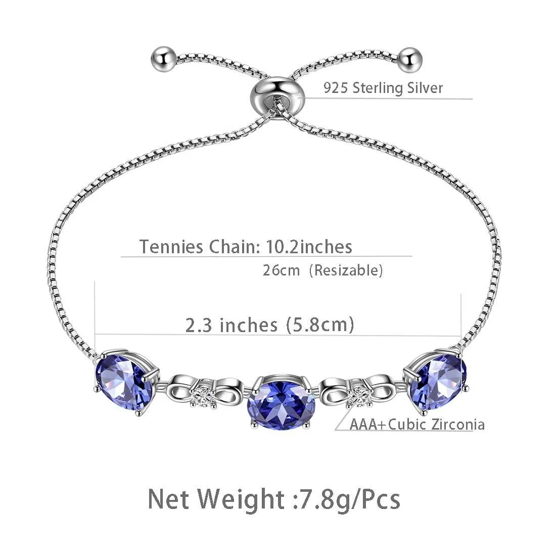 Round Birthstone December Tanzanite Bracelet Women Girls Jewelry Birthday Gift Sterling Silver