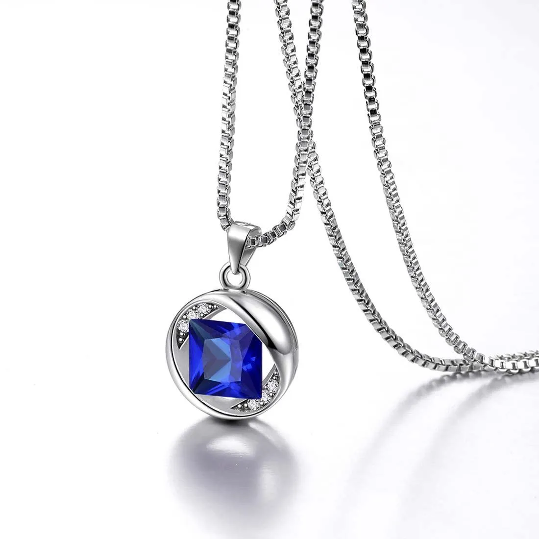 Round Birthstone September Sapphire Necklace Pendant Women Girls Jewelry Birthday Gift