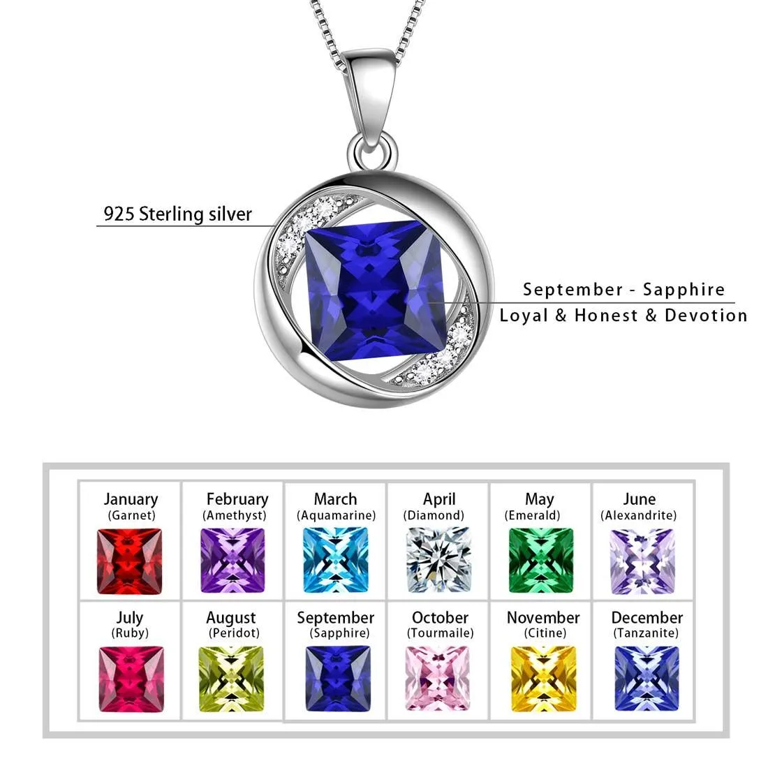 Round Birthstone September Sapphire Necklace Pendant Women Girls Jewelry Birthday Gift