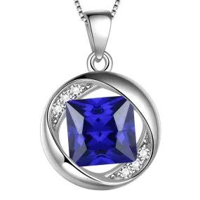 Round Birthstone September Sapphire Necklace Pendant Women Girls Jewelry Birthday Gift