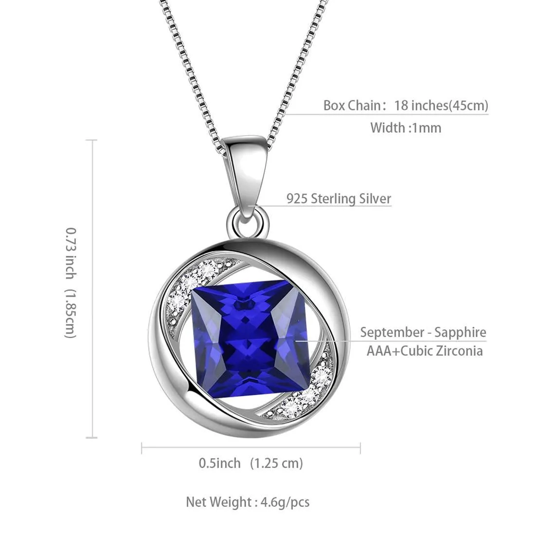Round Birthstone September Sapphire Necklace Pendant Women Girls Jewelry Birthday Gift