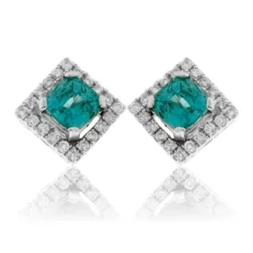 Round Blue Zircon & Diamond Square Halo Stud Post Earrings