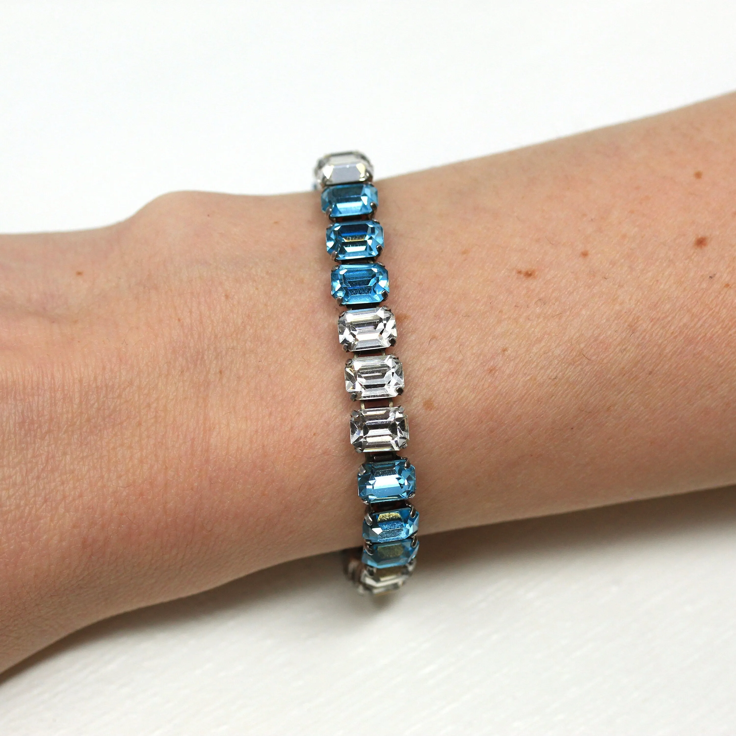 Sale - Art Deco Bracelet - Vintage Sterling Silver Blue & White Glass Rhinestones Line - Circa 1930s Era Statement Fashion Accessory Jewelry
