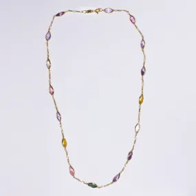 SAPPHIRE STATION NECKLACE 18k YELLOW GOLD 16in GEMSTONE CHAIN RAINBOW MARQUISE