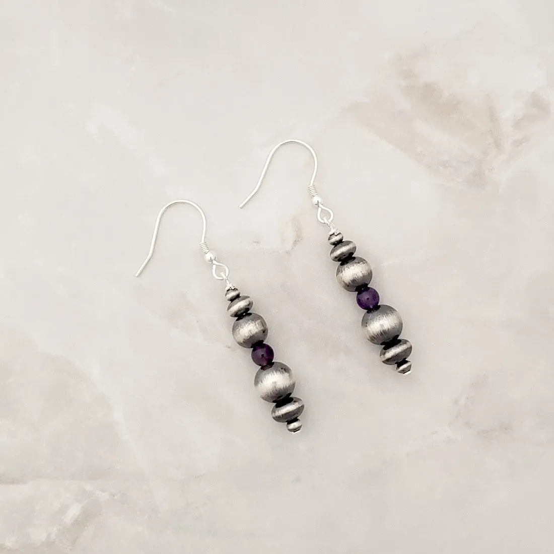 Short Navajo Pearls & Amethyst Drop Dangle Earrings Sterling Silver NPE018