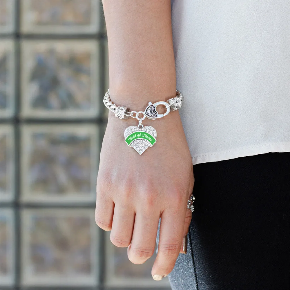 Silver Emerald Green Maid of Honor Pave Heart Charm Braided Bracelet