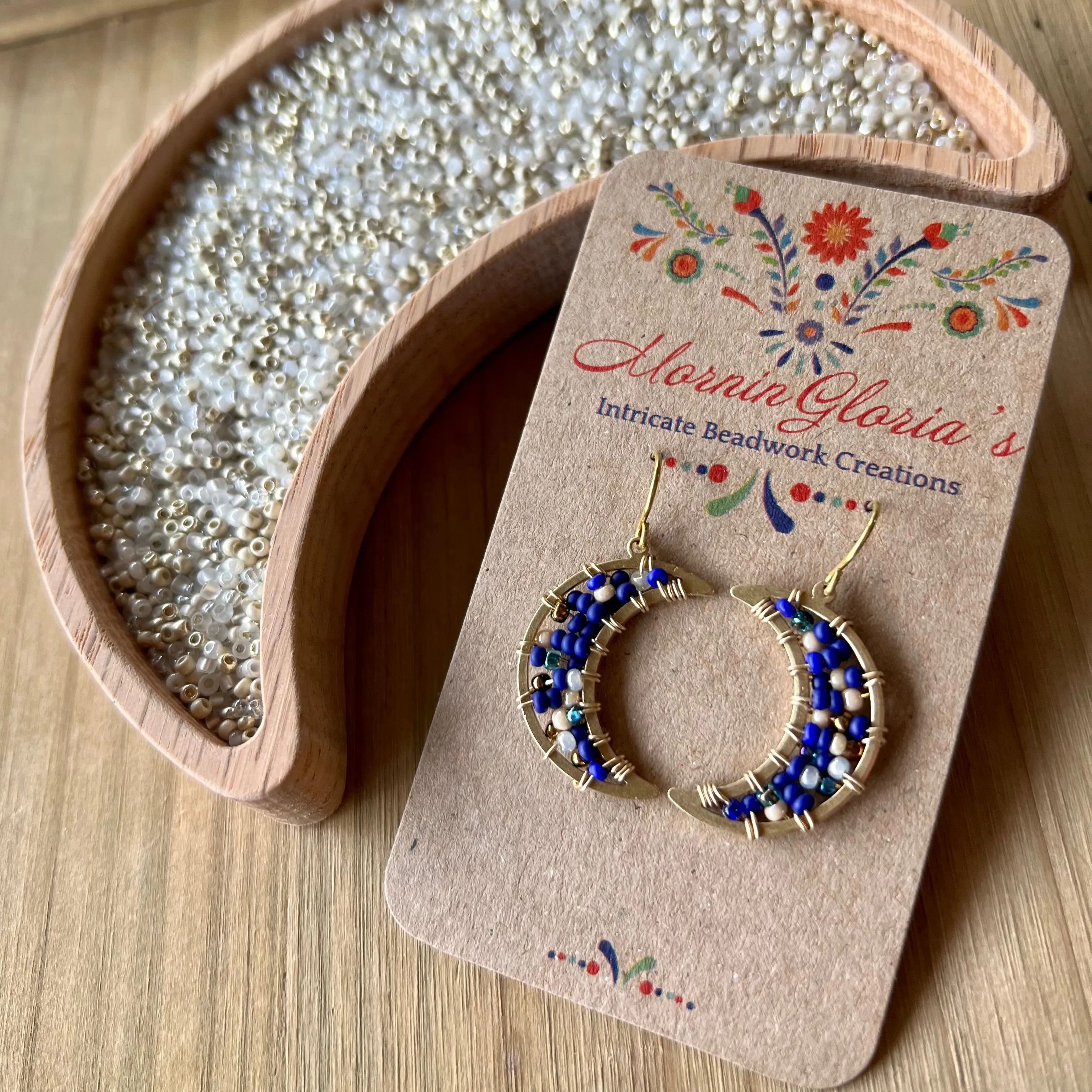 Small Beaded Crescent Luna Earrings