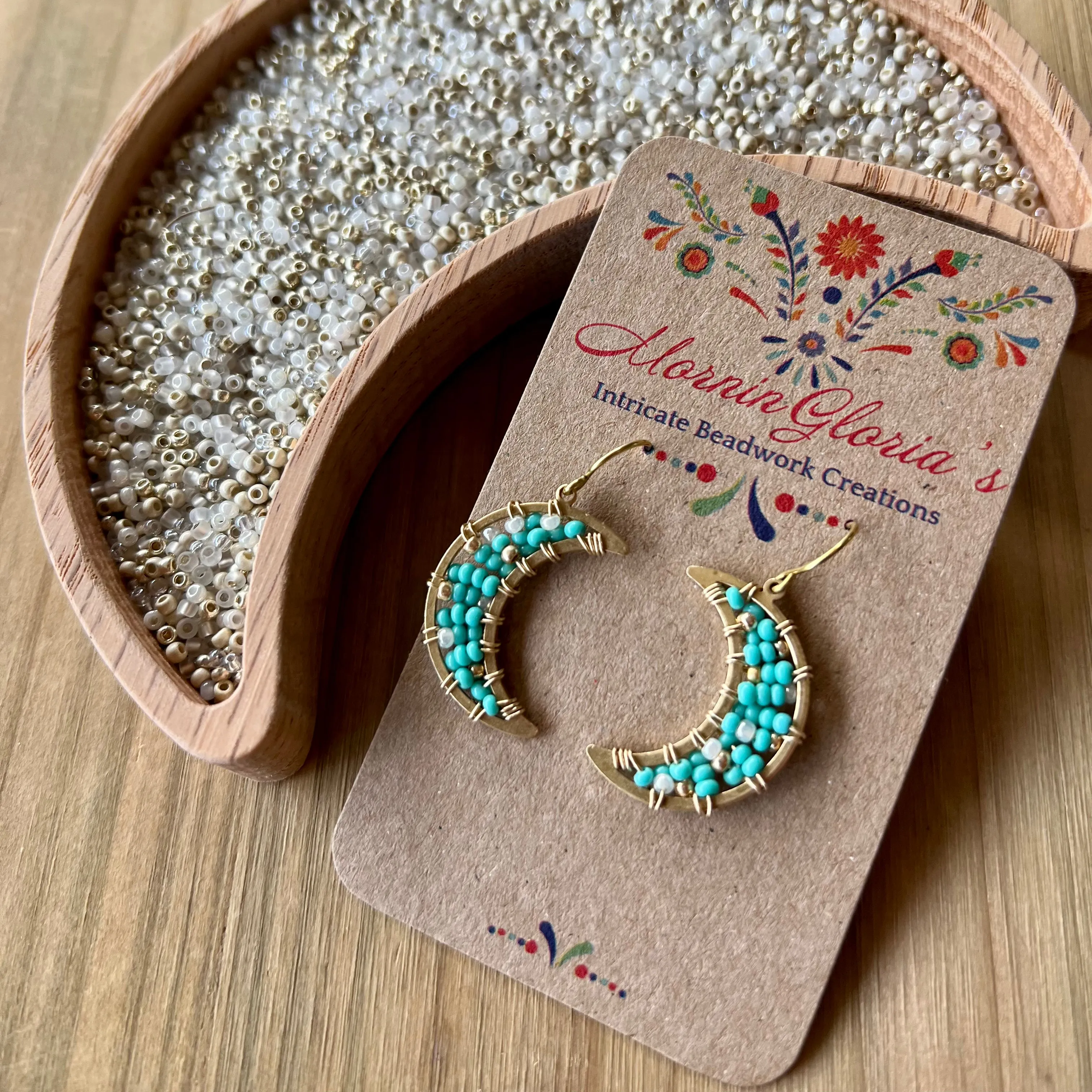 Small Beaded Crescent Luna Earrings