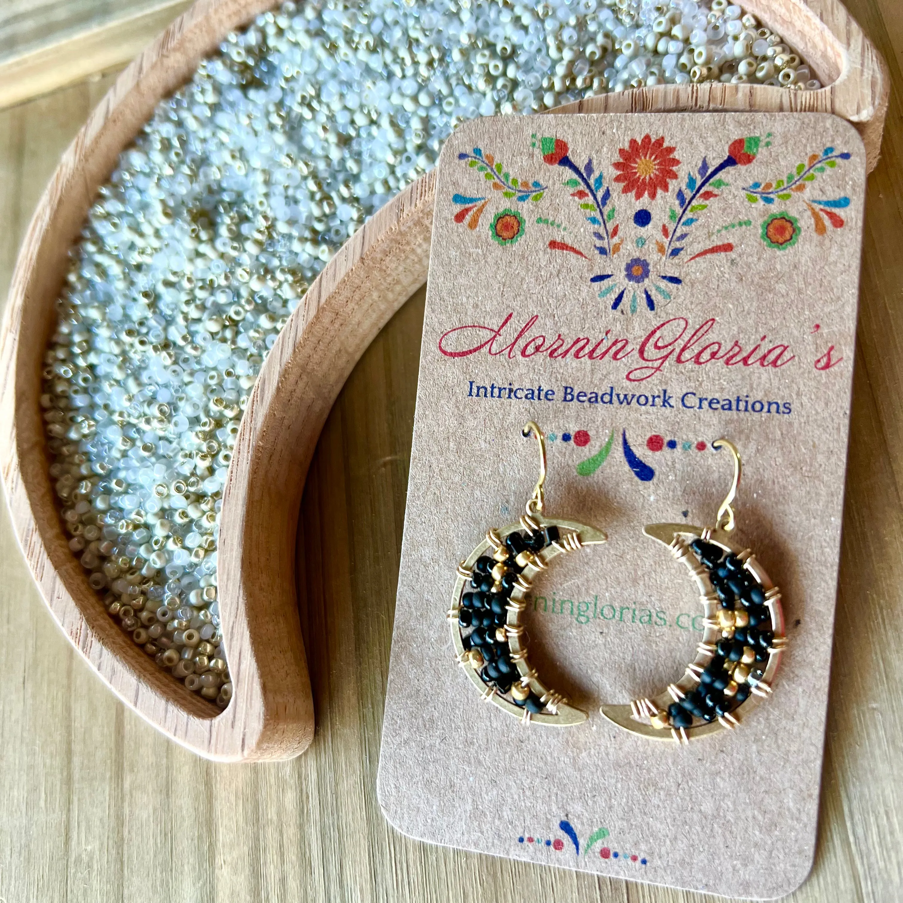 Small Beaded Crescent Luna Earrings