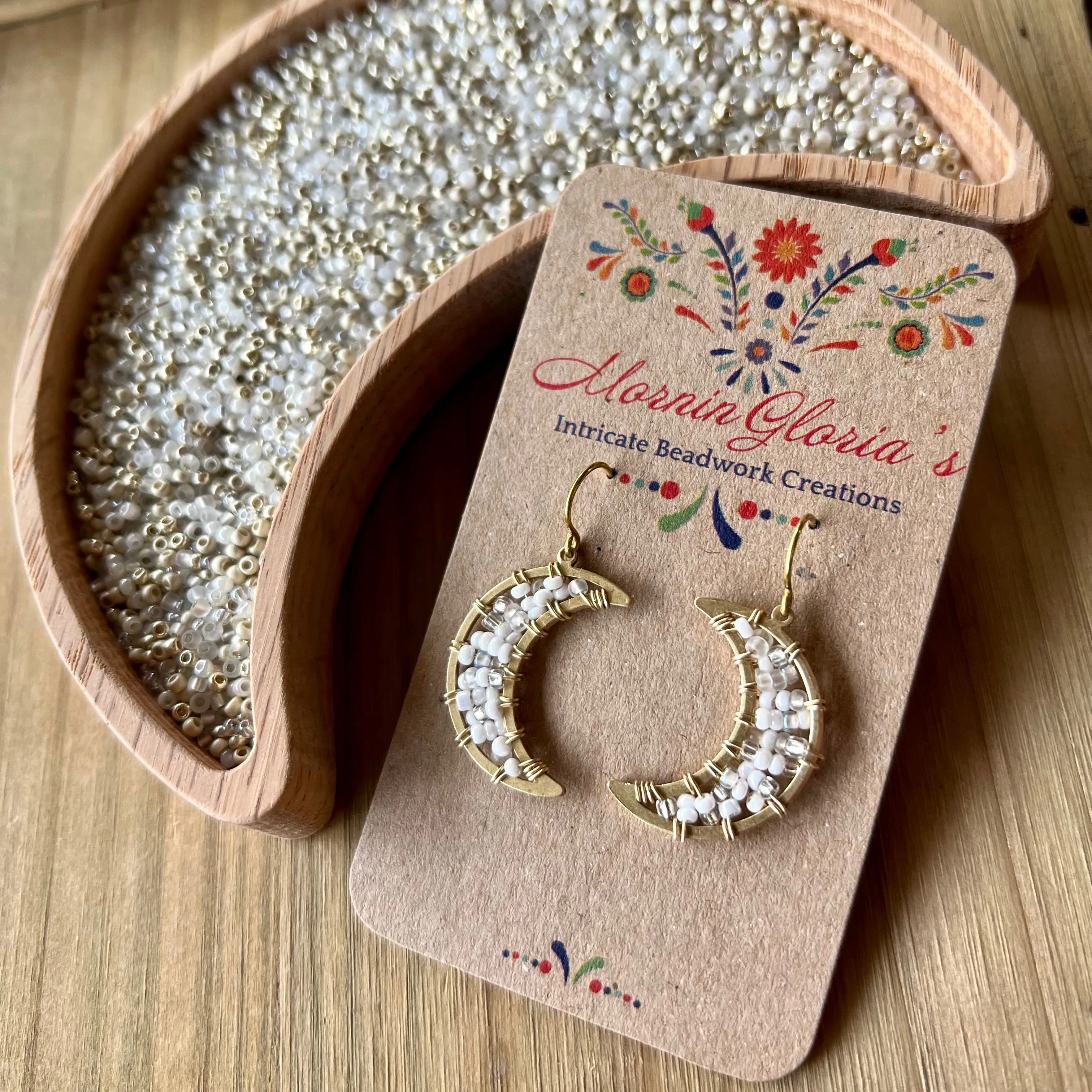 Small Beaded Crescent Luna Earrings