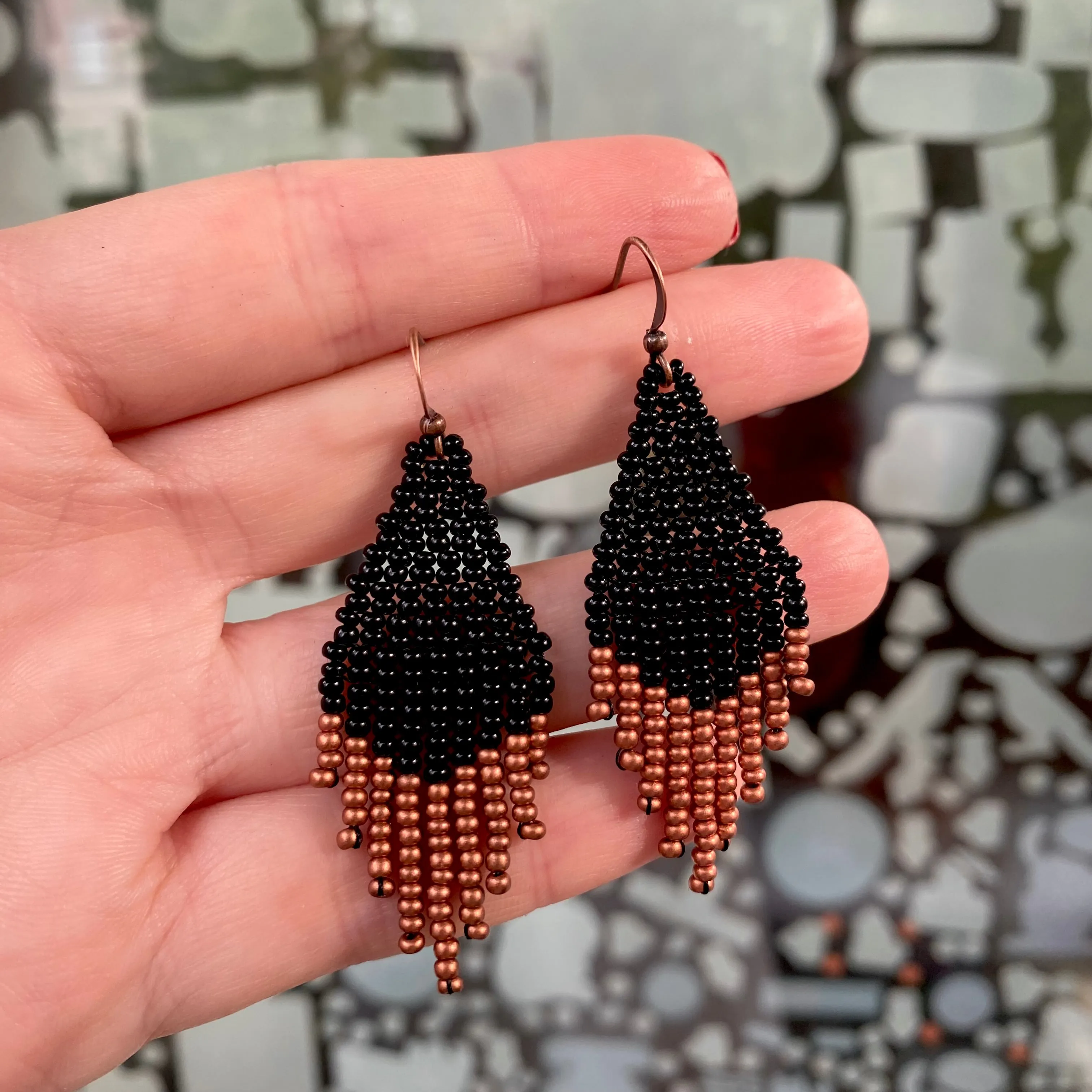 Small Fringe Seed Bead Earrings. Chandelier Earrings for Women. Black Gold Copper beaded earrings. Cute earrings with short fringe. Dainty Earrings.