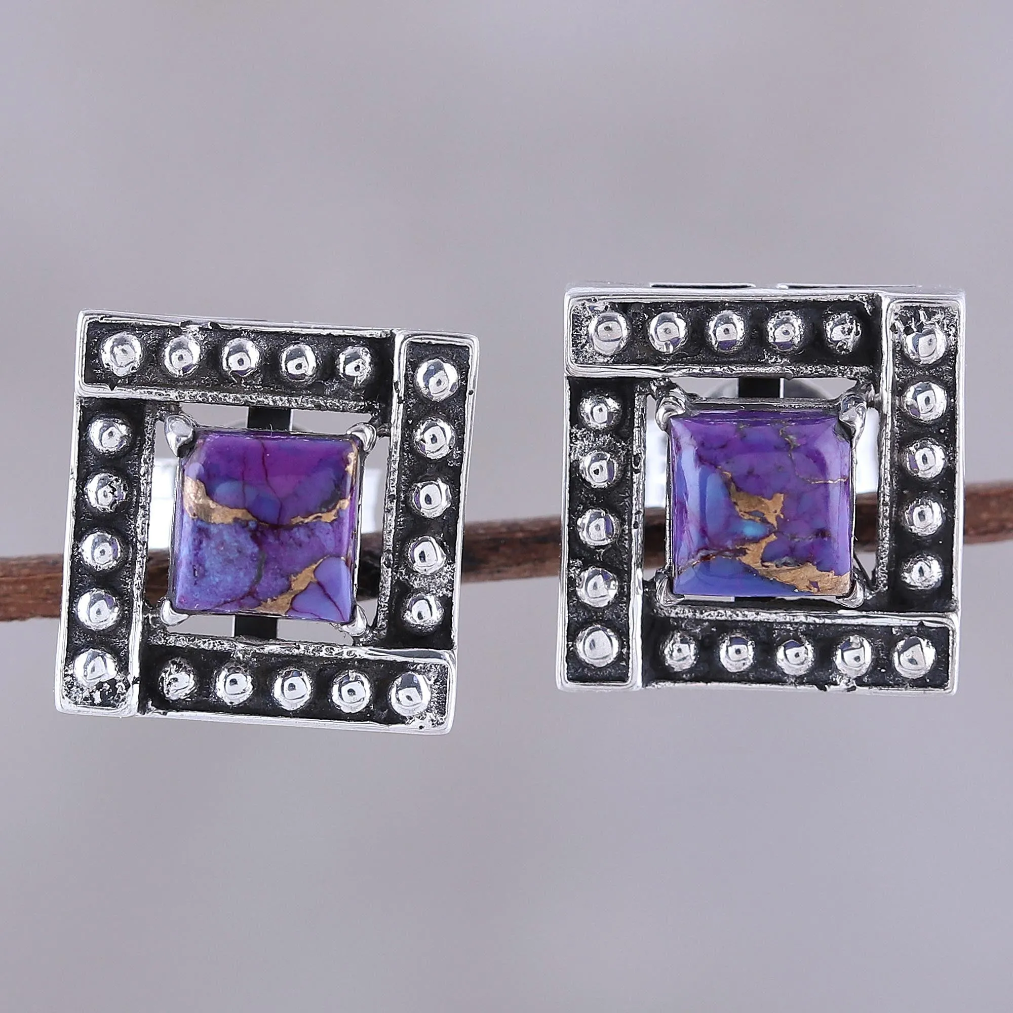 Square Purple Composite Turquoise Stud Earrings from India - Beautiful Windows in Purple | NOVICA