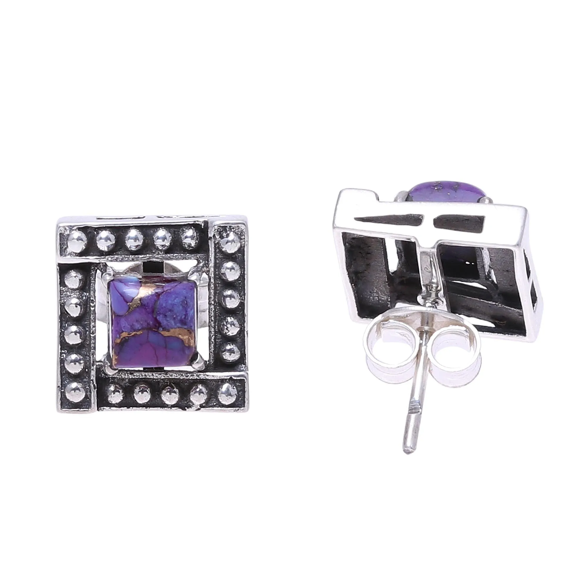 Square Purple Composite Turquoise Stud Earrings from India - Beautiful Windows in Purple | NOVICA