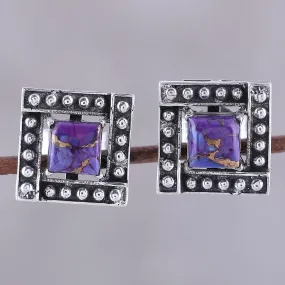 Square Purple Composite Turquoise Stud Earrings from India - Beautiful Windows in Purple | NOVICA