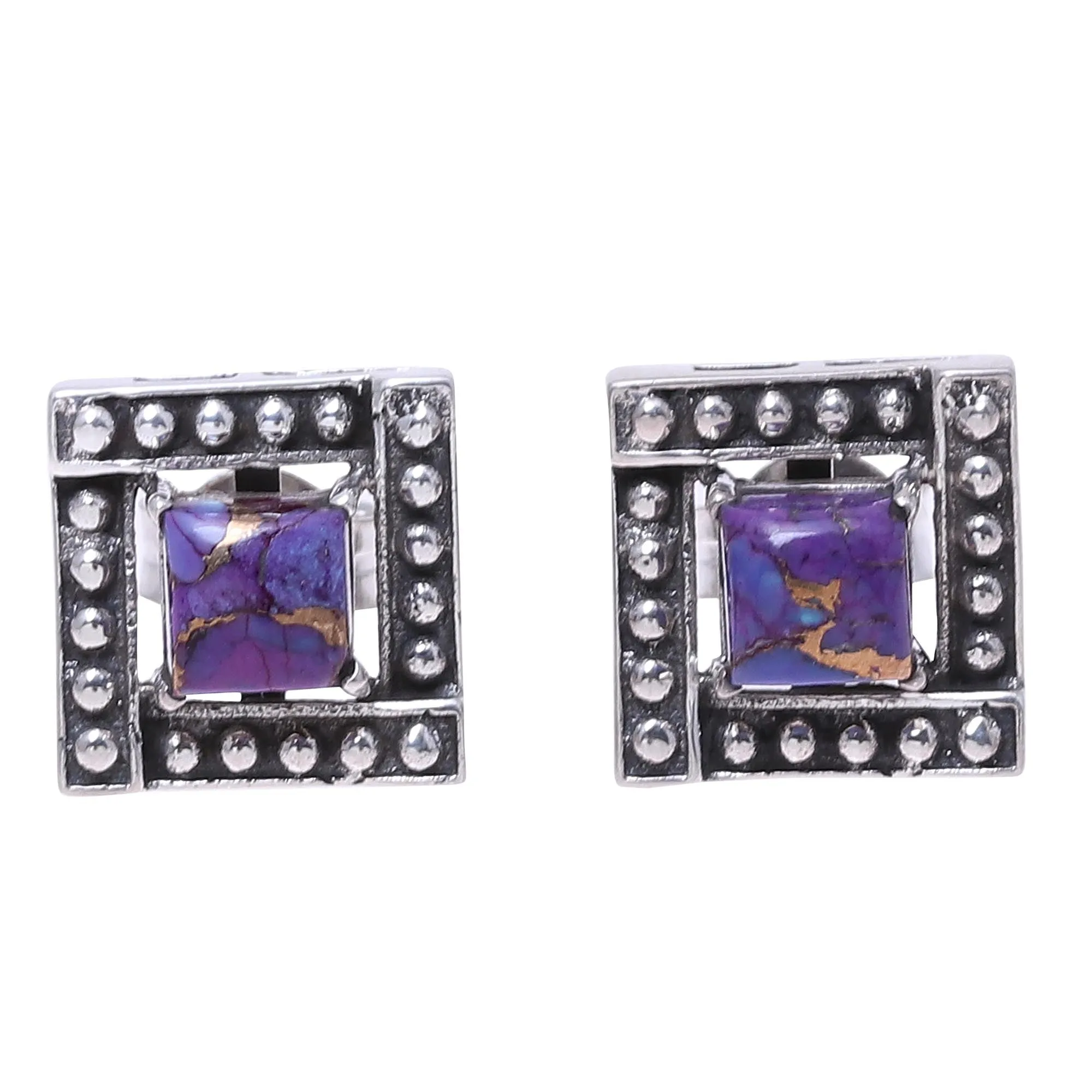Square Purple Composite Turquoise Stud Earrings from India - Beautiful Windows in Purple | NOVICA