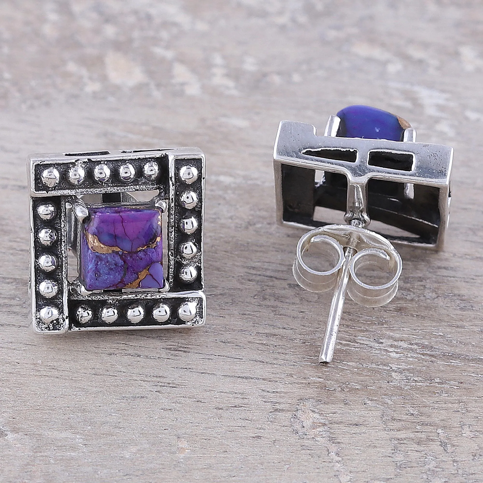 Square Purple Composite Turquoise Stud Earrings from India - Beautiful Windows in Purple | NOVICA