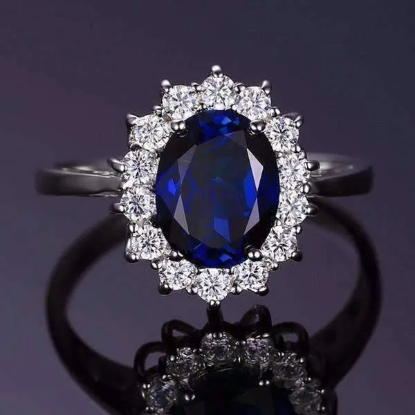 Swiss Blue Halo Oval Cut 2.5CT Simulated Sapphire Silver IOBI Precious Gems Ring For woman Any Occasion