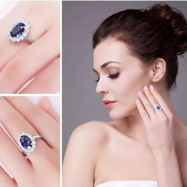 Swiss Blue Halo Oval Cut 2.5CT Simulated Sapphire Silver IOBI Precious Gems Ring For woman Any Occasion