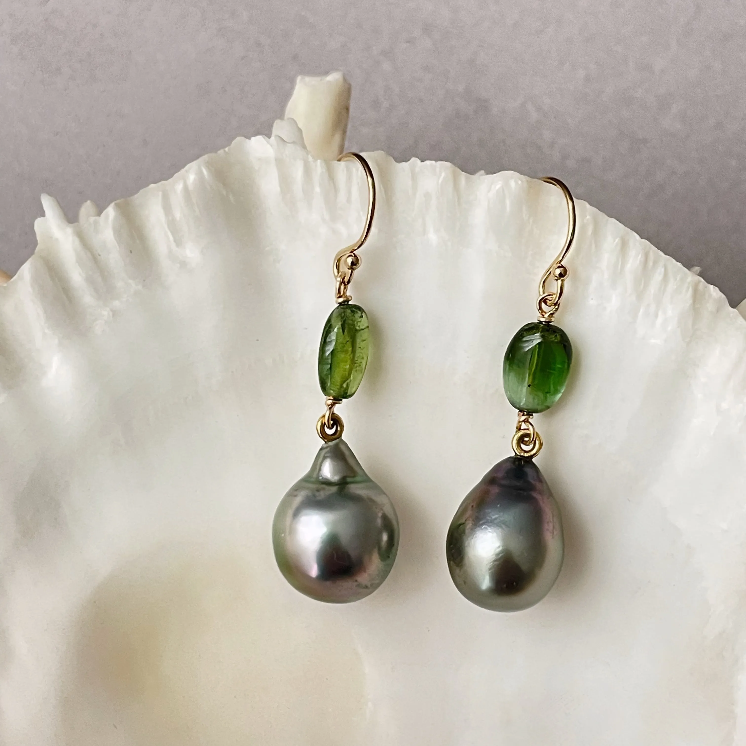 Tahitian peacock drop pearls and green tourmaline earrings