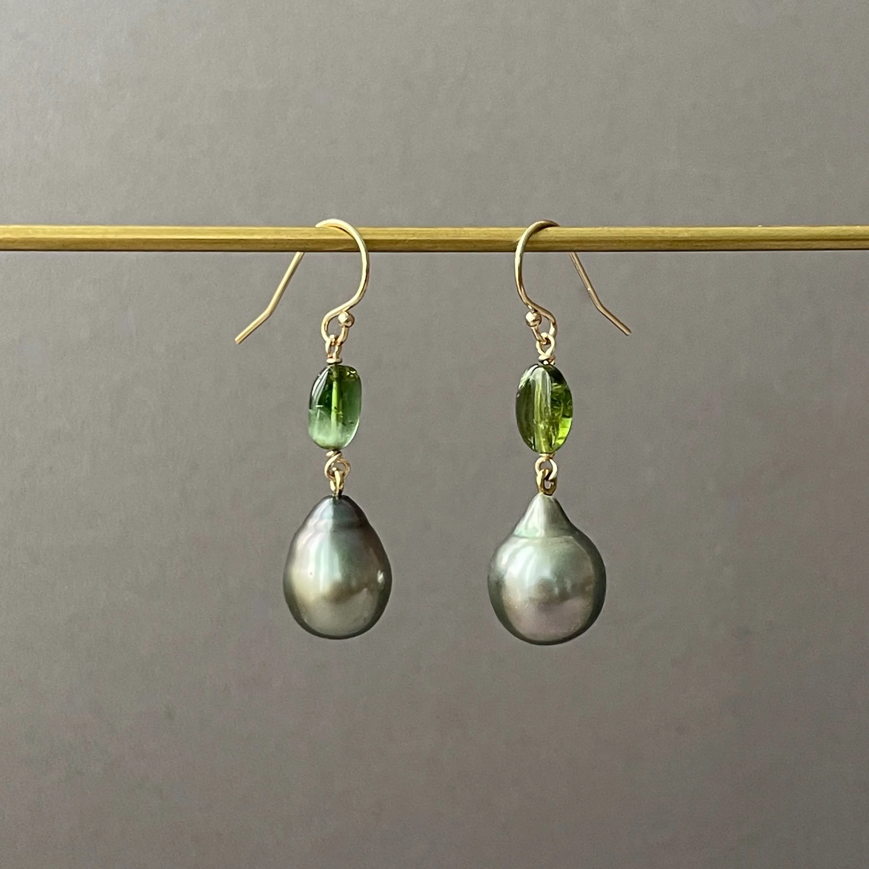 Tahitian peacock drop pearls and green tourmaline earrings