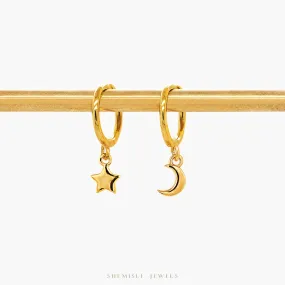 Tiny Star and Moon Hoop Earrings, Celestial Drop Huggies, Unisex, Gold, Silver SHEMISLI SH199, SH642, SH643