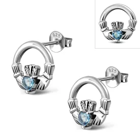 Topaz CZ Claddagh Stud Silver Earrings