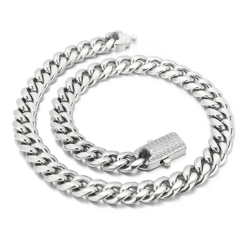 Trendy Hip-hop Style Zircon-encrusted Titanium Steel Men's Bracelet and Necklace Set