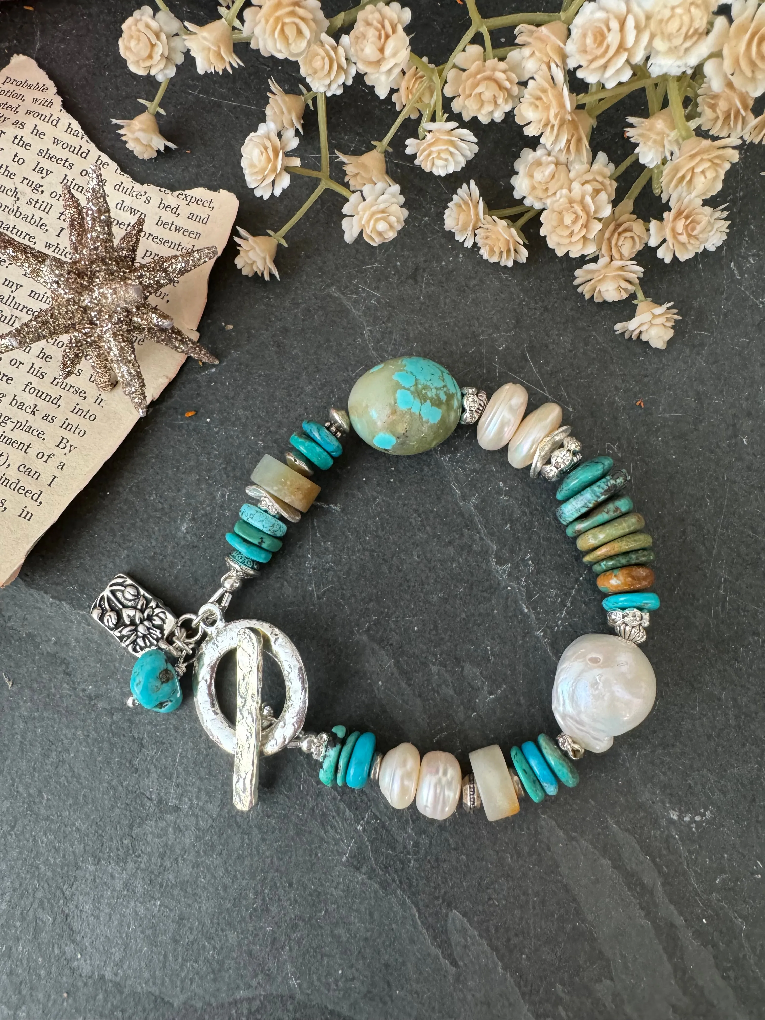 Turquoise, baroque pearls, Amazonite and sterling silver, bracelet