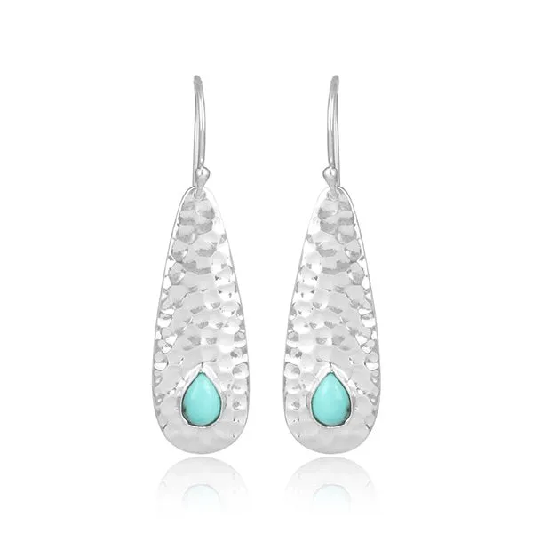 Turquoise Beaten Leaf Hook Earring Sterling Silver Rhodium Electroplate