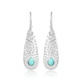 Turquoise Beaten Leaf Hook Earring Sterling Silver Rhodium Electroplate
