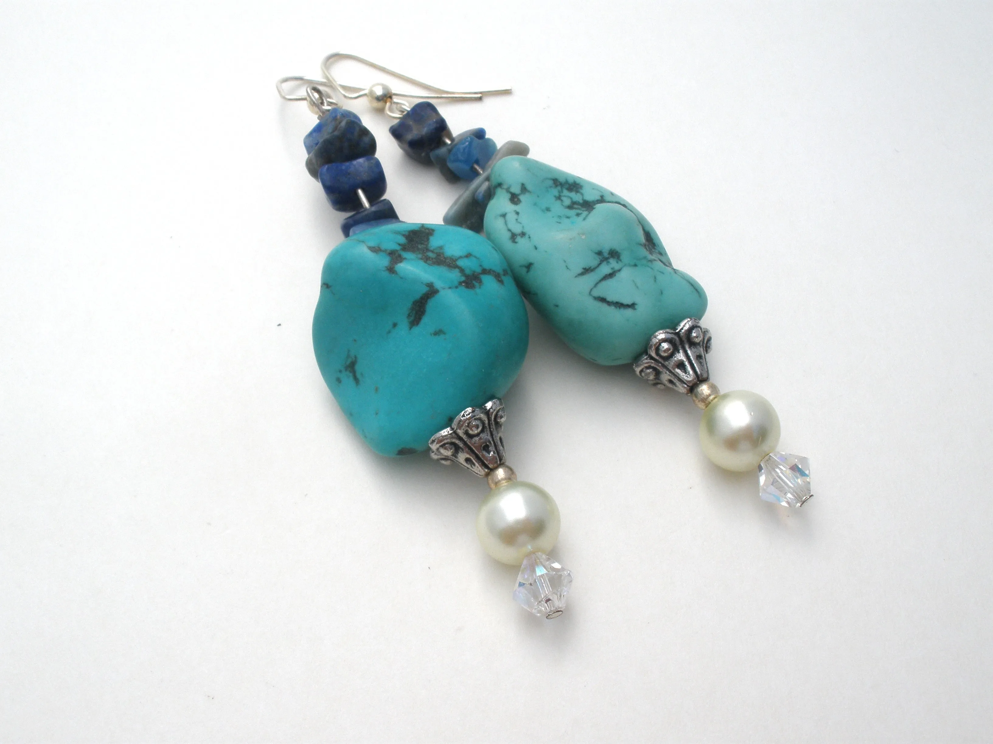 Turquoise Sodalite & Pearl Earrings Vintage