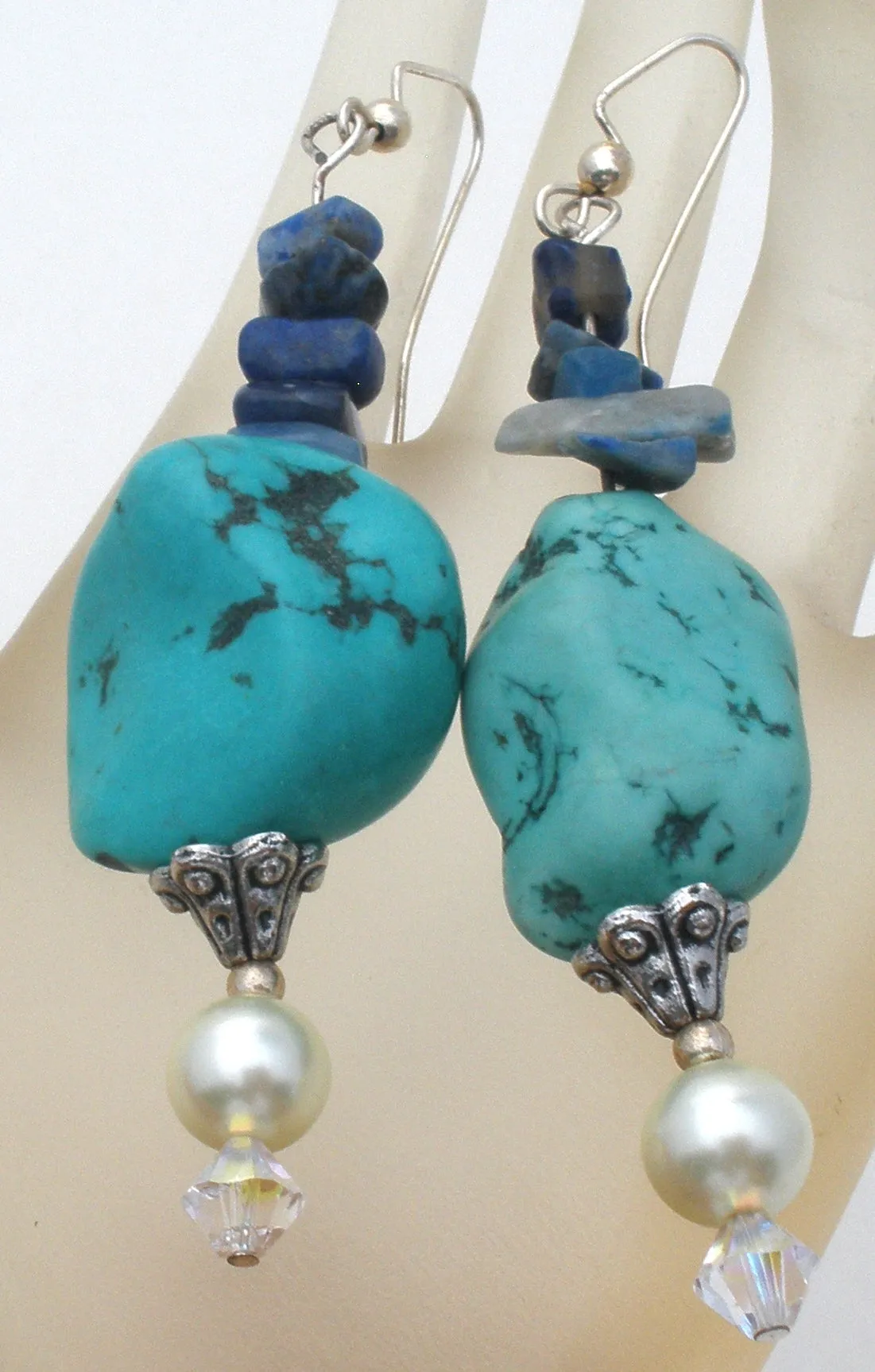 Turquoise Sodalite & Pearl Earrings Vintage
