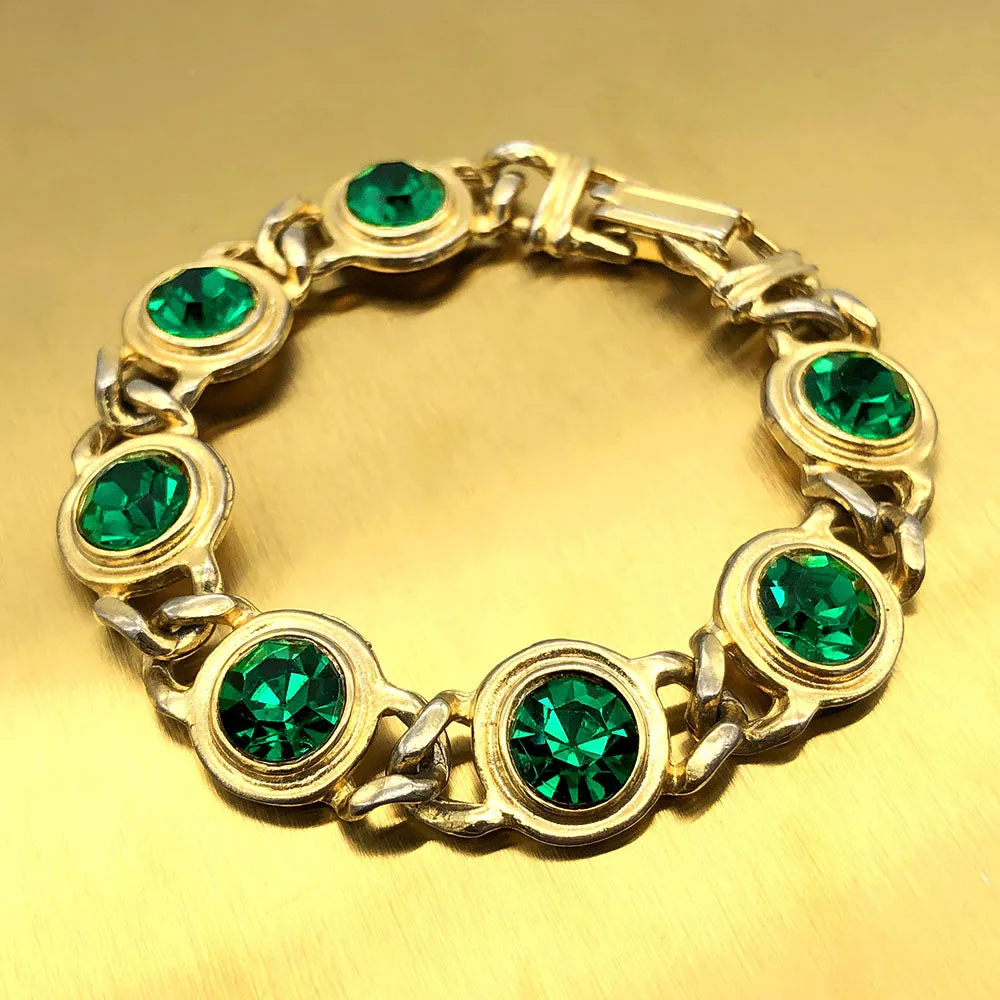 【USA輸入】ヴィンテージ エメラルドグリーン ストーン ブレスレット/Vintage Emerald Green Rhinestones Bracelet