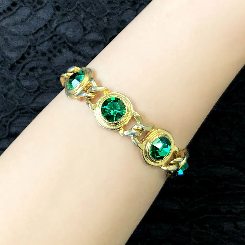 【USA輸入】ヴィンテージ エメラルドグリーン ストーン ブレスレット/Vintage Emerald Green Rhinestones Bracelet