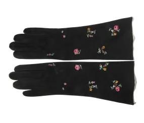 Vintage Black Suede Gloves Point de Beauvais Floral Embroidery Sz 6&3/4