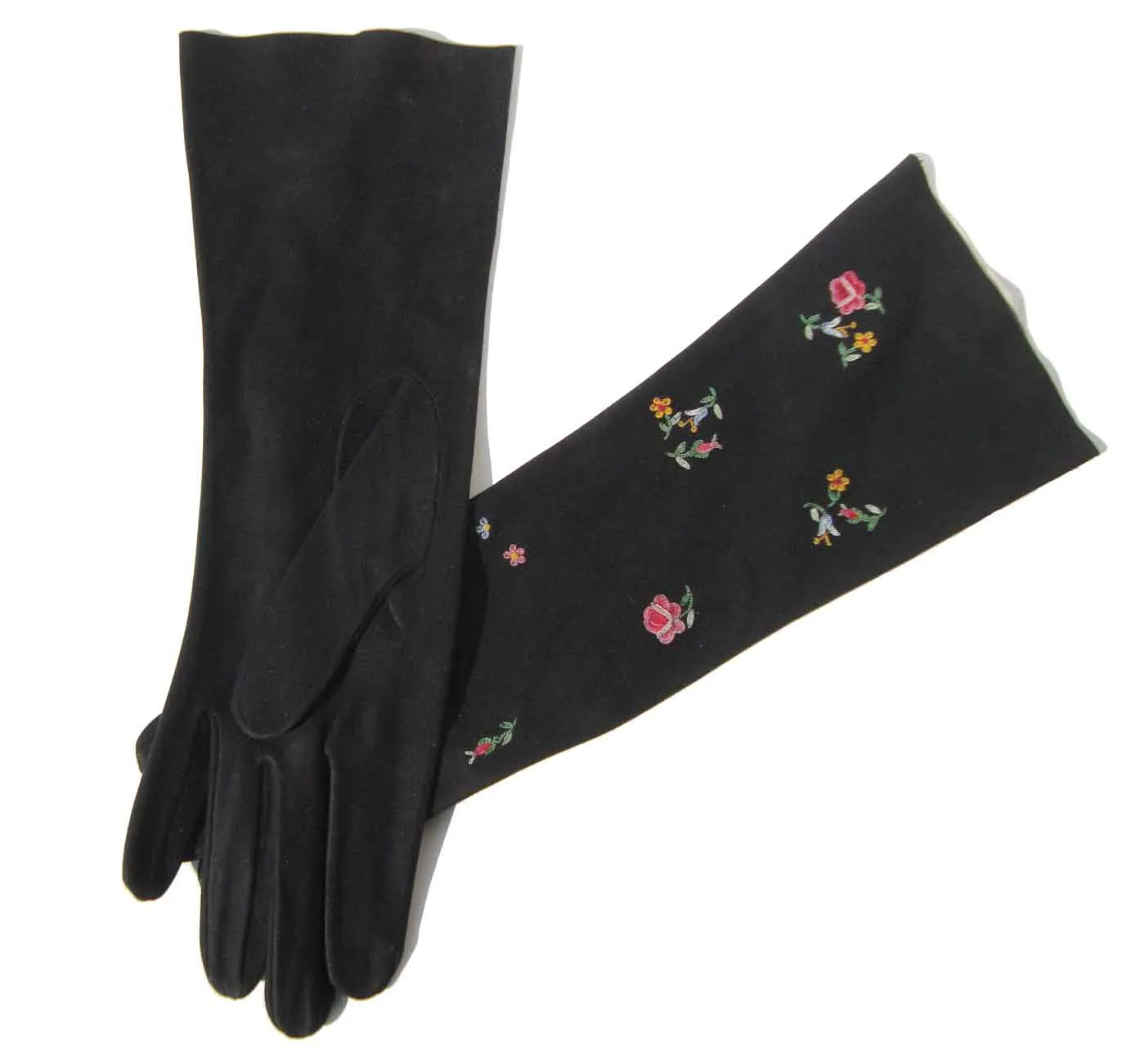 Vintage Black Suede Gloves Point de Beauvais Floral Embroidery Sz 6&3/4